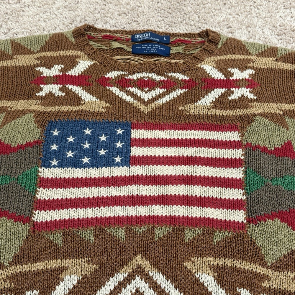 Vintage Polo Ralph Lauren Aztec American Flag Sweater Mens Large Cotton Knit - Picture 3 of 8